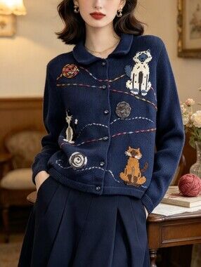Vintage Rainbow Bridge  Cat Motif Cotton Knit Cardigan Sweater M